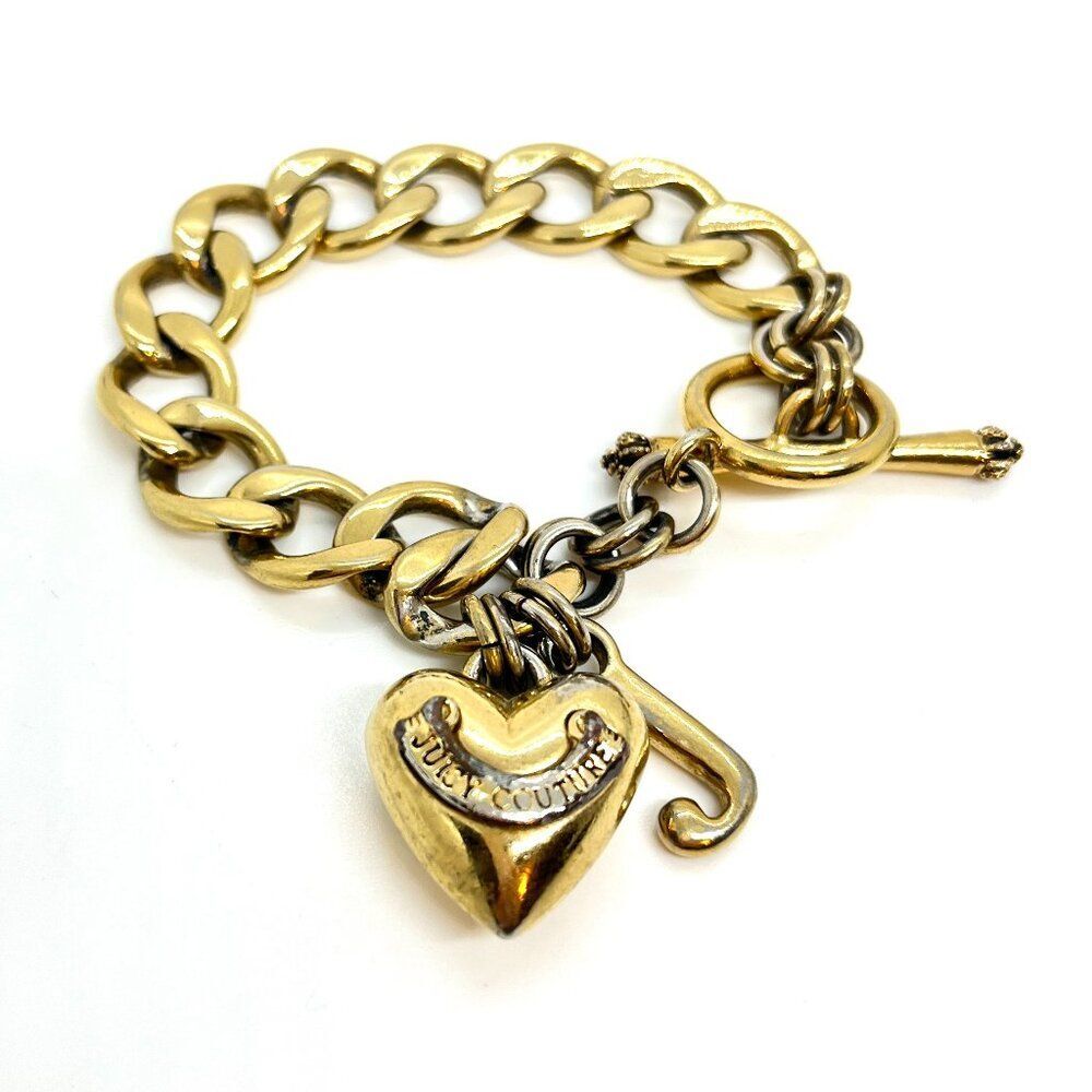 Juicy Couture Bracelet Gold Heart Charm Toggle Chunky Chain Y2K